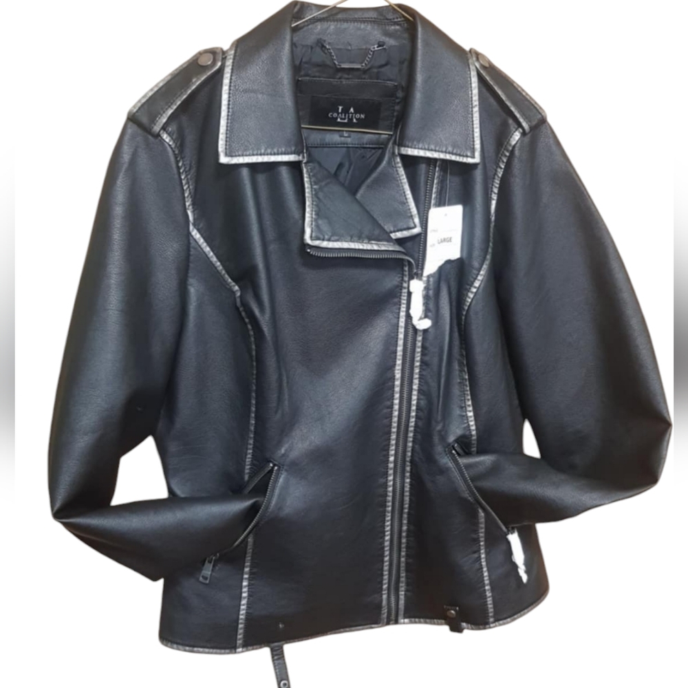 RARE NEW LA Coalition Assymetrical Front Zip Pockets Black Vegan Leather Jac